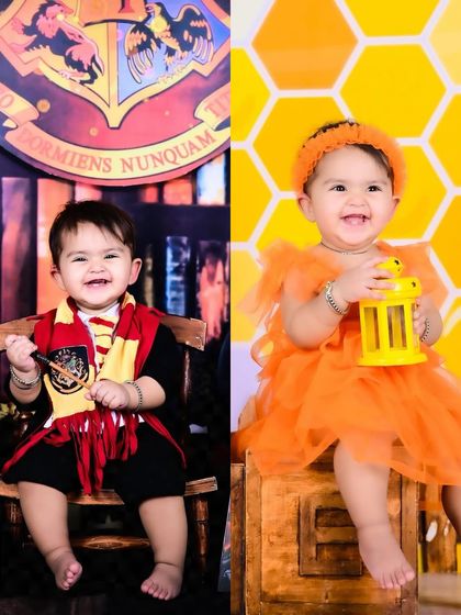 A split image of a baby in a Harry Potter theme and a honeybee theme.
