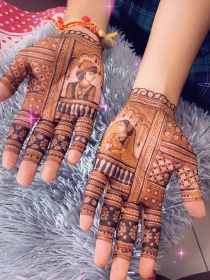 A closer look at the bride and groom portraits for a groom's mehendi. The shading and line work bring the characters to life, making it a standout piece of art.