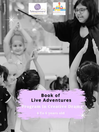 A facilitator with a magic wand leads a group of children in our "Book of Live Adventures" program.