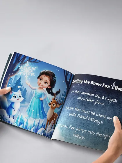 Another beautifully illustrated page from the custom 'Frozen' book. Here, the child helps a snow fox find its home, showing how they become an active part of the adventure.