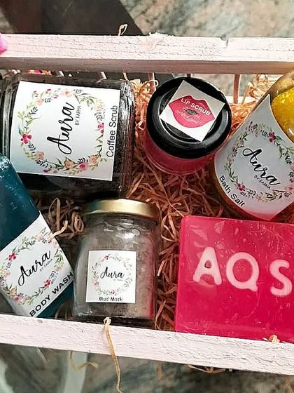 A cute little hamper I put together for a teenager. It includes a personalized name soap, coffee scrub, lip scrub, bath salts, and body wash in a lovely pink-themed basket.