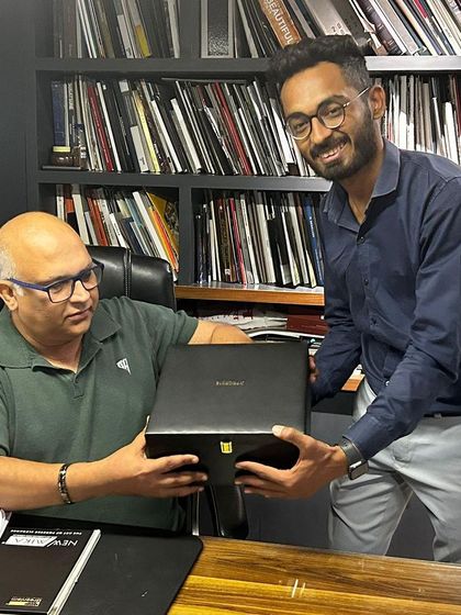 Our team presenting our smart keypad gift box to Architect Ashfaq Mukadam, fostering a strong collaboration.