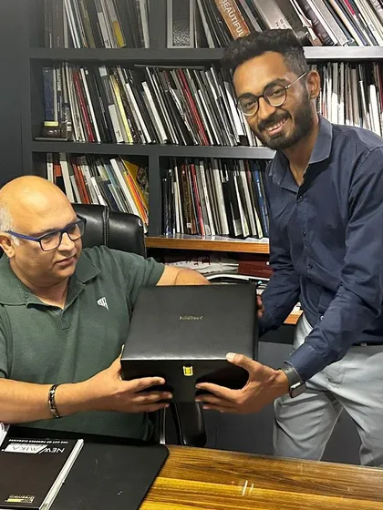 Our team presenting our smart keypad gift box to Architect Ashfaq Mukadam, fostering a strong collaboration.