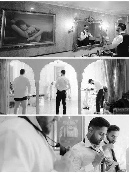 More candid moments of the groom and his groomsmen getting ready. These black and white shots capture the real, unposed interactions and energy in the room.