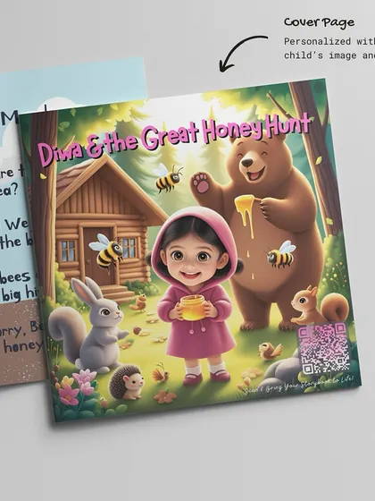 The cover of a 'Masha and the Bear' storybook, personalized with the child's name and illustrated face. It's the first thing they see and it makes the story instantly theirs.