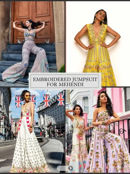 An embroidered jumpsuit is a fun and practical alternative for a Mehendi ceremony. This style is perfect for the bride who wants to be comfortable without sacrificing on glamour.