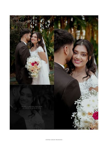 A collage capturing the romantic essence of the couple's Christian wedding day, blending close-ups with loving embraces.