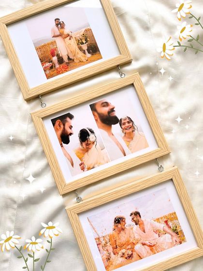 A full view of the three-part hanging frame, perfect for telling the story of a wedding or Haldi ceremony.