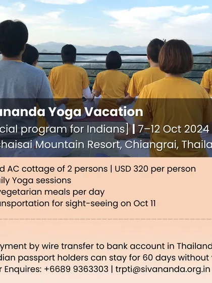 This image announces my upcoming Sivananda Yoga Vacation in Chiang Rai, Thailand, a special program designed for a complete reset. You can see our group practicing asanas together, overlooking the serene Phuchaisai mountains. This retreat is an opportunity to immerse yourself in daily yoga, pranayama, and meditation, suitable for all experience levels. The program includes shared accommodation, two daily vegetarian meals, and time for local sightseeing, offering a holistic wellness experience that nurtures your mind, body, and soul.