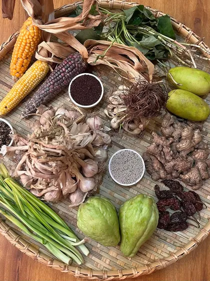 The soul of our cooking comes from the ingredients we source directly from Nagaland. This platter shows some of our essentials: Naga garlic, dried King Chilli, wild sumac, perilla seeds, and sticky corn, each adding a unique layer of flavor.