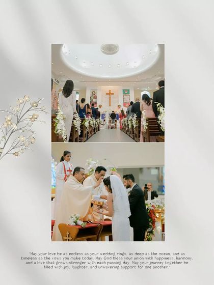 A collage capturing the solemn and beautiful moments of a Christian wedding ceremony inside a church, from the blessing by the priest to the view down the aisle.