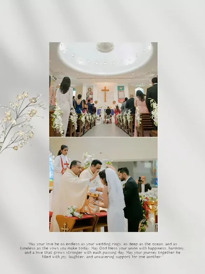 A collage showing key moments from a Christian wedding ceremony inside a church.