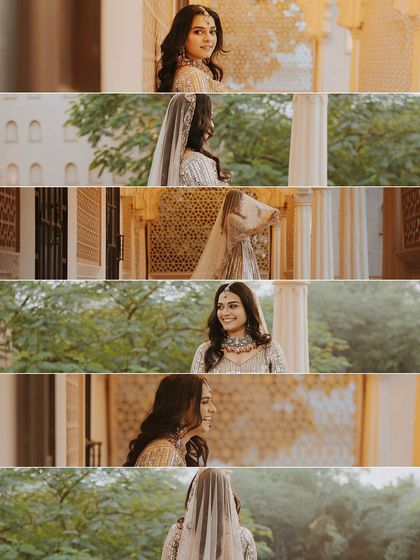 A series of cinematic stills capturing the bride's expressions. Each frame tells a story of her thoughts and emotions as she prepares for her wedding.