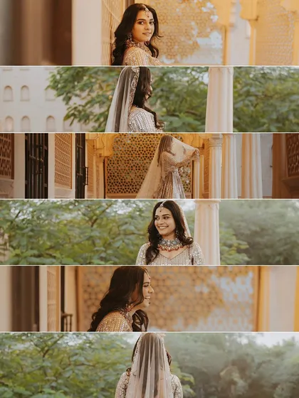 A film-strip style collage of the bride in various candid and posed moments, telling a story of her getting ready.
