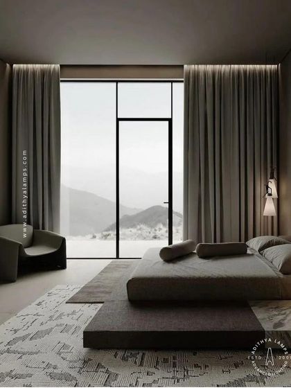 A duplicate of image 78, this bedroom scene demonstrates the elegant and subtle effect of using profile lights for curtain pelmet and cove lighting.