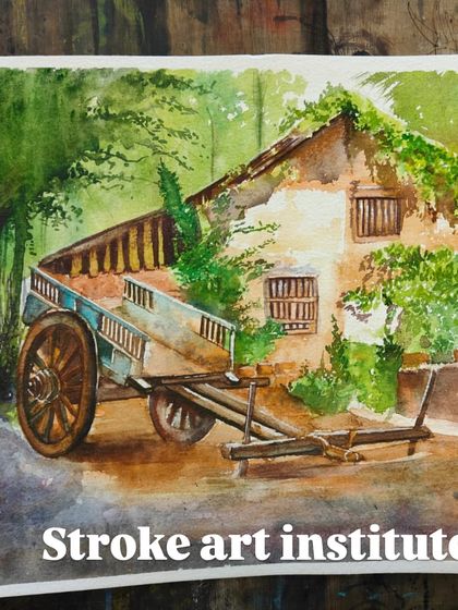The completed watercolor artwork, showcasing the beautiful transparency and granulation of the paints in this charming rural landscape.