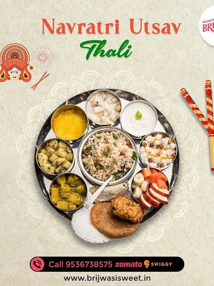 My Navratri Utsav Thali is a complete meal for those who are fasting, featuring dishes like Sabudana Khichdi, Kuttu ki Puri, and fruit salad.