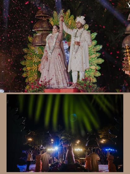 A collage of the grand varmala ceremony at The Ananta Udaipur. The couple stands on a raised platform under a shower of petals, with dramatic lighting and a large audience.