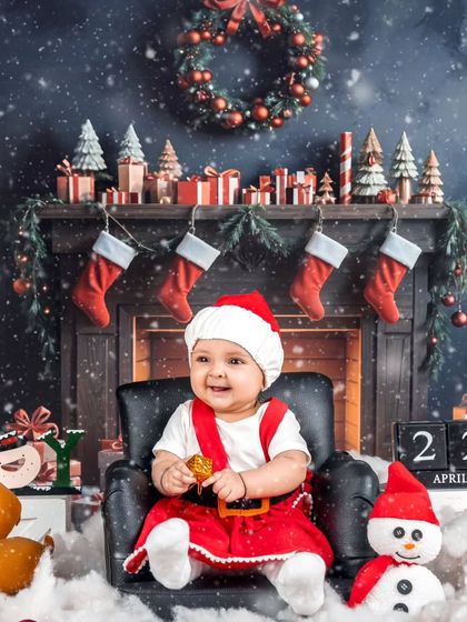 A cozy Christmas portrait by the fireplace, with a baby Santa sitting happily in his armchair.