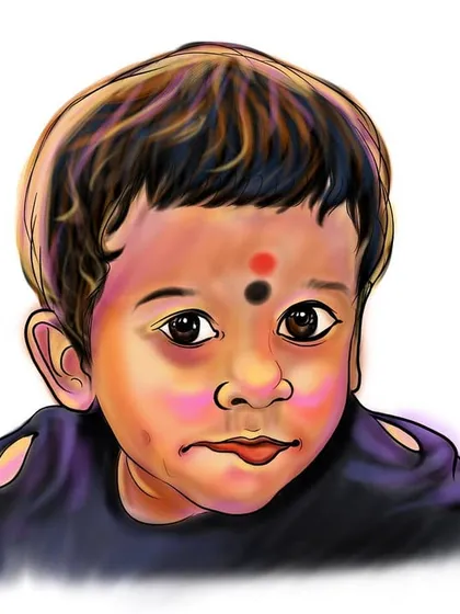 Adding more details and blush to the baby's cheeks. Each step in the digital coloring process helps to add more life and personality to the portrait.