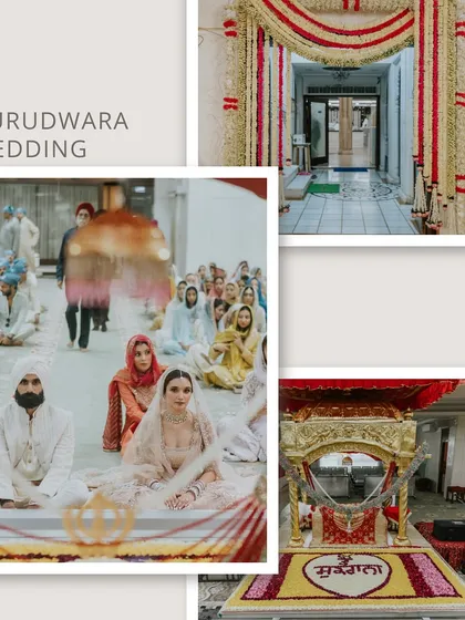 A collage showcasing a serene Gurudwara wedding, capturing the peaceful atmosphere, the couple's devotion, and the traditional decor.