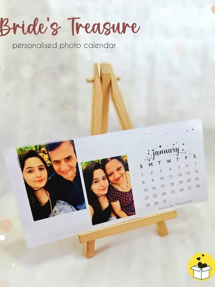 My 'Bride's Treasure' personalized photo calendar on its wooden easel. It's a beautiful keepsake for a bride-to-be, celebrating her journey.