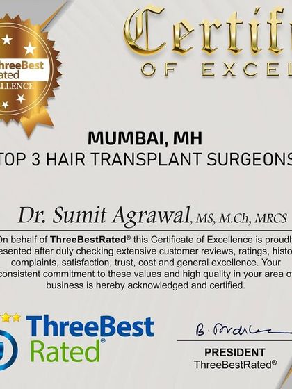 Another Certificate of Excellence from ThreeBestRated for 2024, naming me one of the top 3 hair transplant surgeons in Mumbai. Consistency in delivering high-quality results is my primary goal.