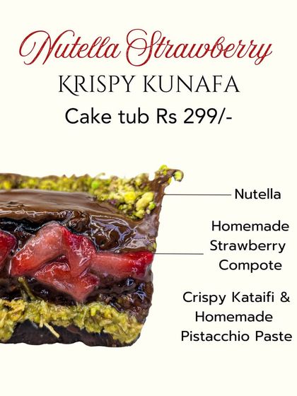 Here’s a look inside our Nutella Strawberry Krispy Kunafa tub. It features layers of crispy kataifi pastry, homemade pistachio paste, our signature strawberry compote, and a generous topping of Nutella. It’s a textural masterpiece.