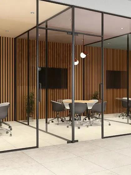 A 3D rendering of modern meeting rooms. I used glass partitions to maintain an open feel, with wooden slats on the walls to add warmth and improve acoustics. The colored ceilings are a playful touch.