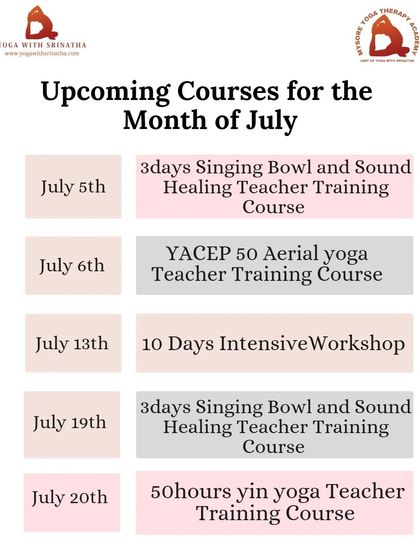 Our schedule of specialized workshops and trainings for July, including Sound Healing, Aerial Yoga, Yin Yoga, and an intensive 10-day workshop.