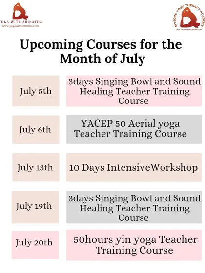 The schedule for our specialized courses in July, including Sound Healing, Aerial Yoga, Yin Yoga, and an intensive workshop.