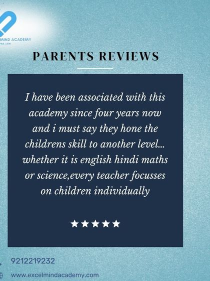 A parent review from a four-year association, stating how we hone children's skills to another level in English, Hindi, Maths, and Science with individual focus.