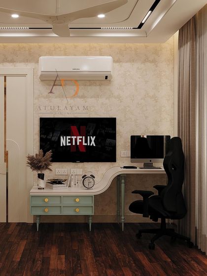 This bedroom includes a smart, ergonomic workstation with a chic curved desk, demonstrating how I integrate functional spaces without compromising on style.