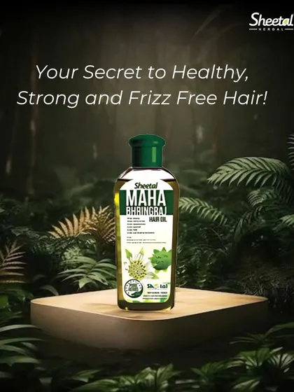 Discover the secret to healthy, frizz free hair with our Sheetal Maha Bhringraj Hair Oil. This is a powerful, natural formula designed to strengthen your roots, reduce hair fall, and restore natural shine.