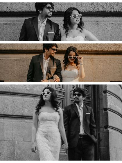 A stylish triptych of the couple in both color and monochrome, showing off their cool sunglasses and confident poses.