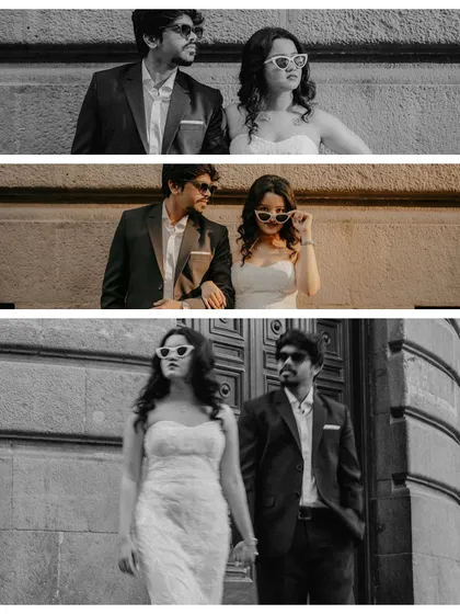 A stylish triptych of the couple in both color and monochrome, showing off their cool sunglasses and confident poses.
