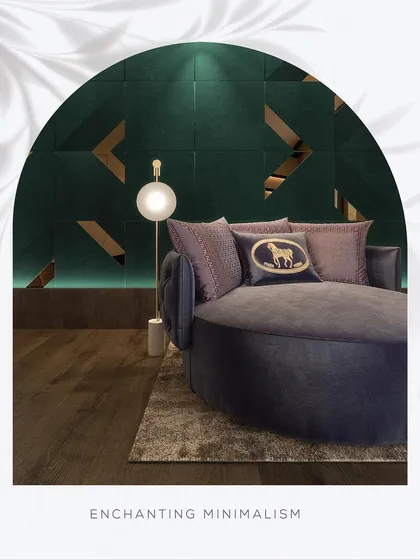 This image showcases our "Enchanting Minimalism" concept, where a deep green geometric wall panel with mirrored accents creates a glamorous backdrop. It proves that even with simple forms, the right texture and material can make a wall captivating.