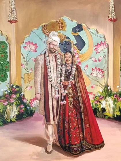 The completed painting after adding final details to a live wedding piece in my studio. This one features a beautiful Pichwai-style background with Lord Krishna.