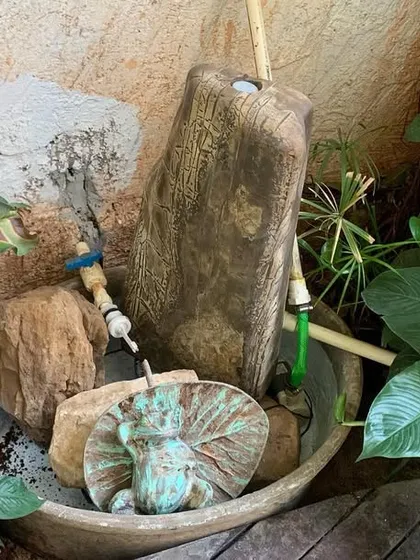 Here, I've added a small, whimsical frog ornament to the water feature, showing how we can personalize the design. The surrounding plants and stones help to integrate the fountain into the garden's ecosystem.