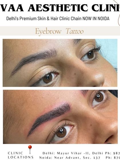 A close up view of an eyebrow tattoo transformation, immediately after the procedure. The 'after' image shows the initial boldness of the pigment, which settles into a softer, natural shade once the healing process is complete.