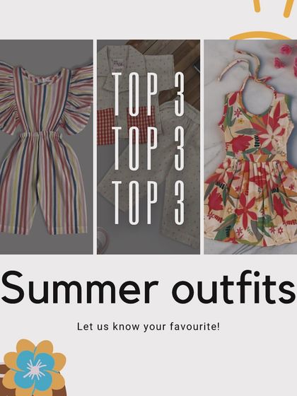 A graphic showing our top 3 summer outfits for girls: a striped jumpsuit, a comfy co-ord set, and a breezy floral frock. All in 100% cotton, of course!
