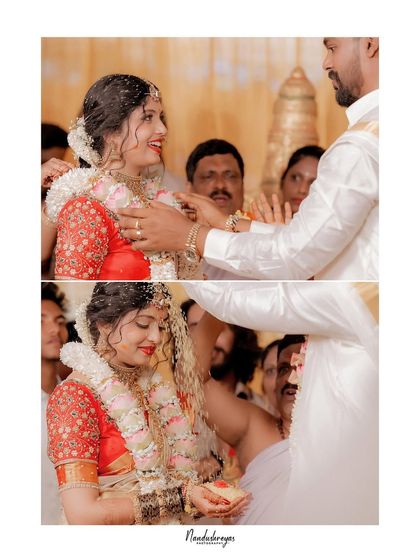 A diptych showing the bride's joyful reaction during a wedding ritual. This captures the sequence of emotions, from anticipation to happiness.