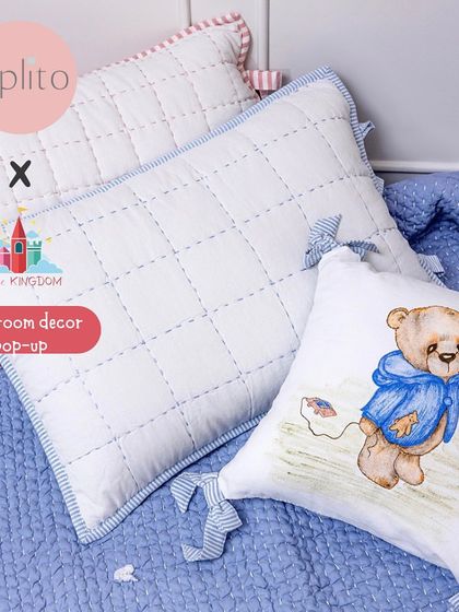 A closer look at the handcrafted details from Aplito Home. This teddy bear cushion and quilted bedding set are perfect for creating a cozy and inviting nursery.