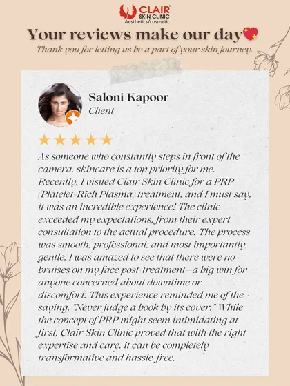 Client trust is our top priority. This review from Saloni Kapoor details her positive experience with our PRP treatment, highlighting the professional consultation, gentle procedure, and transformative, hassle-free results.