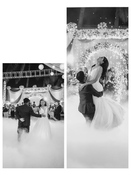 A black and white diptych of the couple's first dance. The images capture both a wide shot of the dance floor and a dramatic lift, all in a classic style.