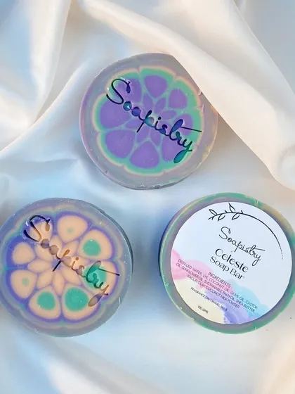 My Celeste soap bars are made in a round mold and have such a pretty floral-like pattern. The scent is a warm mix of floral, amber, and sandalwood.