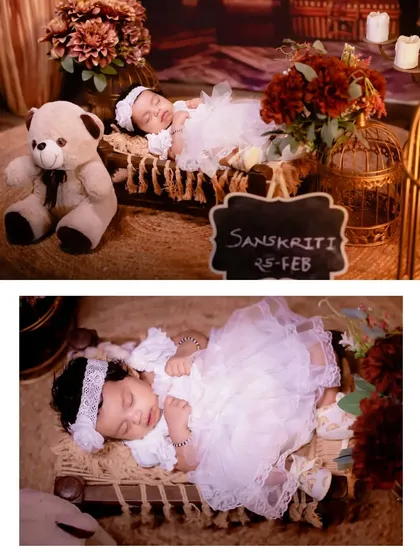 A collage of a sleeping newborn, peacefully resting in a beautifully styled setup with a teddy bear and a little chalkboard announcing her name and birthdate.