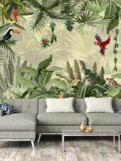 A vibrant and lively tropical jungle wallpaper, complete with toucans, parrots, and tigers hidden among the leaves.