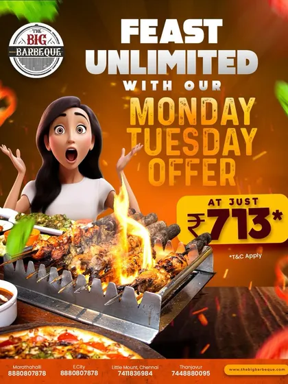 One plate is never enough. Our Monday and Tuesday offer at ₹713 lets you dig into our all you can eat madness.