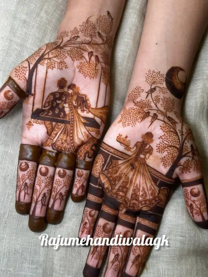 This is another style of Karwa Chauth mehendi I do. It creates a romantic scene with trees, birds, and the moon, along with a couple portrait. It’s a more modern take on a traditional story.